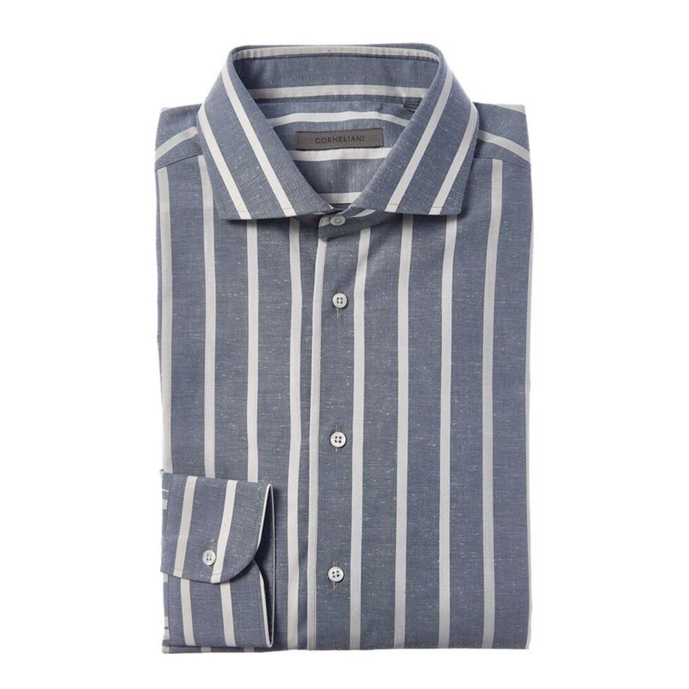 Corneliani Mens  Awning Striped Dress Shirt, Blue